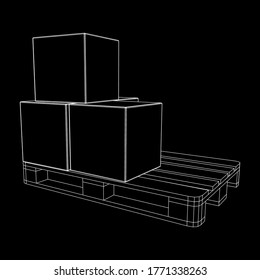 Cargo pallet for warehouse with stacked goods cardboard boxes. Logistics shipping concept. Wireframe low poly mesh vector illustration.