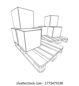 Cargo pallet for warehouse with stacked goods cardboard boxes. Logistics shipping concept. Wireframe low poly mesh vector illustration.