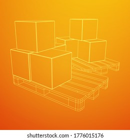 Cargo pallet for warehouse with stacked goods cardboard boxes. Logistics shipping concept. Wireframe low poly mesh vector illustration.