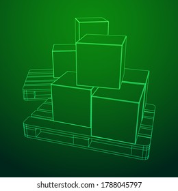Cargo pallet for warehouse with stacked goods cardboard boxes. Logistics shipping concept. Wireframe low poly mesh vector illustration.
