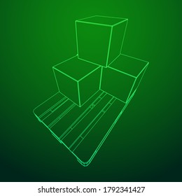 Cargo pallet for warehouse with stacked goods cardboard boxes. Logistics shipping concept. Wireframe low poly mesh vector illustration.