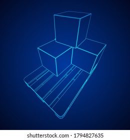 Cargo pallet for warehouse with stacked goods cardboard boxes. Logistics shipping concept. Wireframe low poly mesh vector illustration.