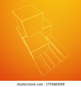 Cargo pallet for warehouse with stacked goods cardboard boxes. Logistics shipping concept. Wireframe low poly mesh vector illustration.