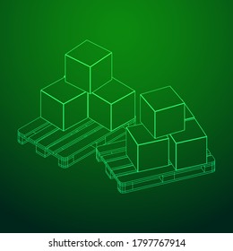 Cargo pallet for warehouse with stacked goods cardboard boxes. Logistics shipping concept. Wireframe low poly mesh vector illustration.