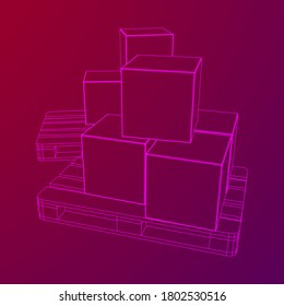 Cargo pallet for warehouse with stacked goods cardboard boxes. Logistics shipping concept. Wireframe low poly mesh vector illustration.