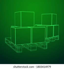Cargo pallet for warehouse with stacked goods cardboard boxes. Logistics shipping concept. Wireframe low poly mesh vector illustration.