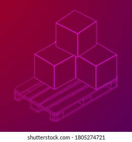Cargo pallet for warehouse with stacked goods cardboard boxes. Logistics shipping concept. Wireframe low poly mesh vector illustration.