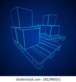 Cargo pallet for warehouse with stacked goods cardboard boxes. Logistics shipping concept. Wireframe low poly mesh vector illustration.