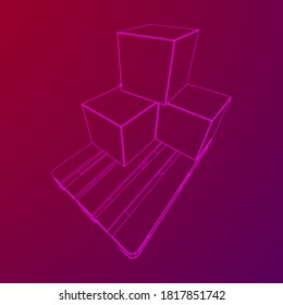 Palet de carga para almacén con cajas de cartón de mercancías apiladas. Concepto de transporte logístico. Ilustración vectorial de malla baja de malla de malla de alambre.