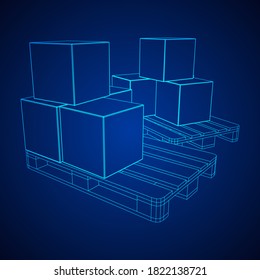 Cargo pallet for warehouse with stacked goods cardboard boxes. Logistics shipping concept. Wireframe low poly mesh vector illustration.