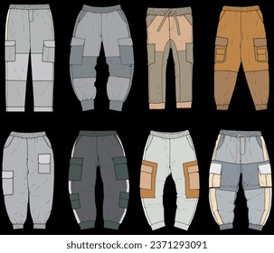 Cargo Pants colorful fashion hand drawing technical  template. Cargo pocket fashion mockup for training.
