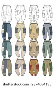 Cargo Pants colorful fashion hand drawing technical  template. Cargo pocket fashion mockup for training.
