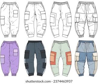 Cargo Pants colorful fashion hand drawing technical  template. Cargo pocket fashion mockup for training.
