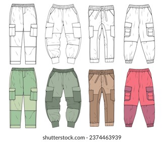 Cargo Pants colorful fashion hand drawing technical  template. Cargo pocket fashion mockup for training.

