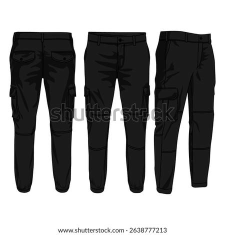 Cargo pants design flat sketch vector illustration front and back view. Black color
