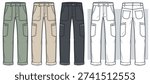 Cargo Pants Fashion Flat Technical Drawing Template. Utility Trousers Technical Fashion Illustration, Front and Back View, White, Black, Olive, Khaki color, women, men, unisex CAD mockup set.
