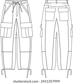 Planchas de carga de diseño planas de dibujo técnico. Pantalones de bolsillo de la caja de moda para chicas maquillaje.Dibujo técnico de jogger de pulsera mujer vectora, pantalones de estilo utilitario con cintura y bolsillos laterales 