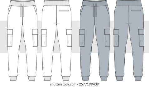 Cargo Pants fashion flat technical drawing template. Jogger Pants technical fashion Illustration, side pocket, elastic waistband, front and back view, CAD mockup set.