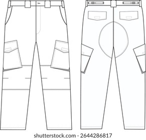 Cargo Pants Front and Back Illustration, Utility Pants with Pockets and Belt Loops