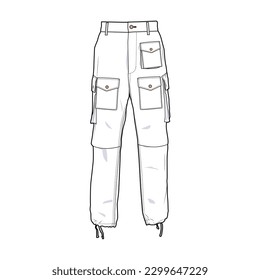 Cargo pants front view fashion flat sketch for Tech Pack. Trousers with pockets, CAD drawing, black and white, vector graphics for garment production apparel brand, menswear
