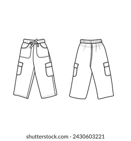 Cargo pants for girls with pocket and drawstring vector template, front, and back view, isolated on a white background.