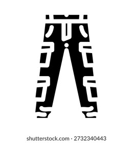 Cargo pants glyph displaying multiple pocketed trousers as a minimalist black and white icon representing utilitarian streetwear, casual comfort and practical everyday apparel