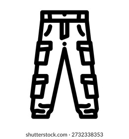 Cargo pants line icon featuring multiple spacious pockets and a durable design, representing practical workwear and adaptable outdoor fashion for various activities