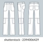 Cargo Pants technical fashion Illustration. Pants fashion flat technical drawing template, pockets, elastic waist, front, side and back view, white, women, men, unisex CAD mockup set.
