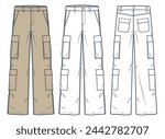 Cargo Pants technical fashion Illustration. Denim Pants fashion flat technical drawing template, pockets, front and back view, white, beige, women, men, unisex CAD mockup set.