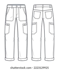 Moda técnica de los pantalones de carga Ilustración. Jeans Pants diseñan planas de dibujo técnico, bolsillos, vista frontal y trasera, blanco, mujeres, hombres, maquillaje CAD unisex.