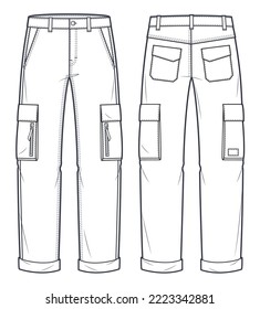 Cargo Pants technical fashion Illustration. Jeans Pants fashion flat technical drawing template, pockets, front and back view, white, women, men, unisex CAD mockup.