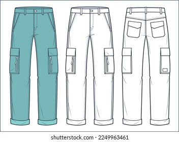 Cargo Pants technical fashion Illustration, green design.  Jeans Pants fashion flat technical drawing template, pockets, front and back view, white, women, men, unisex CAD mockup set.