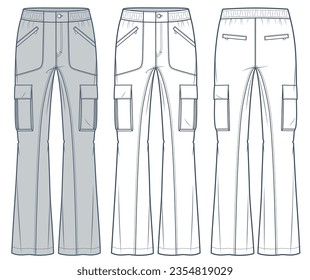 Cargo Pants technical fashion Illustration. Flared Pants fashion flat technical drawing template, pockets, front and back view, elastic waistband, white, grey, women, men, unisex CAD mockup set.