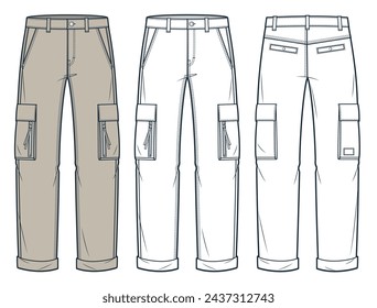 Cargo Pantalones de moda técnica Ilustración. Pantalones vaqueros de moda plantilla de dibujo técnico plano, bolsillos, vista frontal y posterior, blanco, beige, mujeres, hombres, conjunto de maquetas CAD unisex.