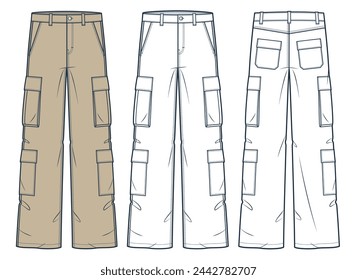 Cargo Pantalones de moda técnica Ilustración. Pantalones vaqueros de moda plantilla de dibujo técnico plano, bolsillos, vista frontal y posterior, blanco, beige, mujeres, hombres, conjunto de maquetas CAD unisex.