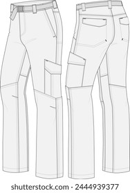 Cargo pants technical fashion Illustration. Outdoor work trousers with side flap pockets and anatomical panelling.