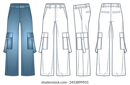 Cargo Pants technical fashion Illustration. Wide Leg Denim Pants fashion technical drawing template, pockets, elastic waist, front, side  and back view, white, blue, women, men, unisex CAD mockup set.