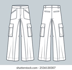 Cargo Pants technical fashion Illustration. Denim Pants fashion flat technical drawing template, pockets, front and back view, white, women, men, unisex CAD mockup.