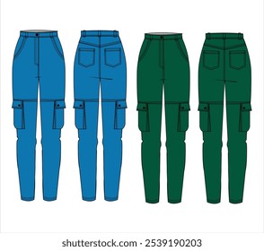 Cargo Pants technical fashion Illustration. Wide Leg Pants fashion flat technical drawing template, pockets, elastic waist, front, side and back view