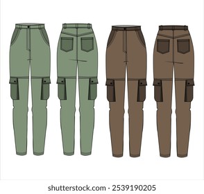 Pantalones de carga técnica de la moda Ilustración. Pantalones de pierna ancha Plantilla de dibujo técnico plano de moda, bolsillos, cintura elástica, vista frontal, lateral y trasera