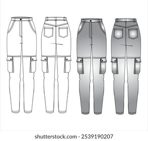 Cargo Pants technical fashion Illustration. Wide Leg Pants fashion flat technical drawing template, pockets, elastic waist, front, side and back view