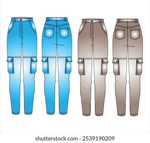 Cargo Pants technical fashion Illustration. Wide Leg Pants fashion flat technical drawing template, pockets, elastic waist, front, side and back view