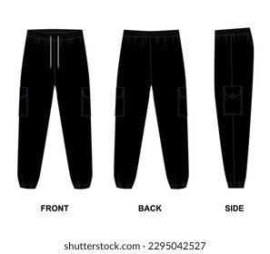 Cargo pants template front, back and side view. Technical drawing of sports trousers with patch pockets, black. Sketch Joggers with pockets in casual style, vector.