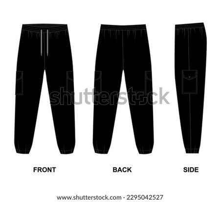 Cargo pants template front, back and side view. Technical drawing of sports trousers with patch pockets, black. Sketch Joggers with pockets in casual style, vector.