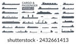 Cargo and passenger vessels icon set. Cargo and passenger ships silhouette on white. Vector illustration