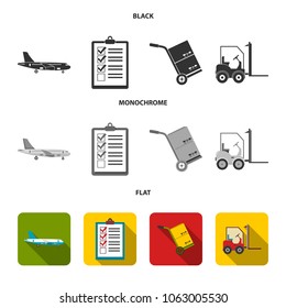 Cargo plane, cart for transportation, boxes, forklift, documents.Logistic,set collection icons in black, flat, monochrome style vector symbol stock illustration web.