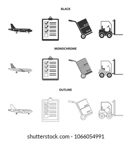 Cargo plane, cart for transportation, boxes, forklift, documents.Logistic,set collection icons in black,monochrome,outline style vector symbol stock illustration web.