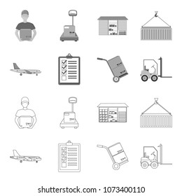 Cargo plane, cart for transportation, boxes, forklift, documents.Logistic,set collection icons in outline,monochrome style vector symbol stock illustration web.