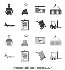Cargo plane, cart for transportation, boxes, forklift, documents.Logistic,set collection icons in black,monochrome style vector symbol stock illustration web.