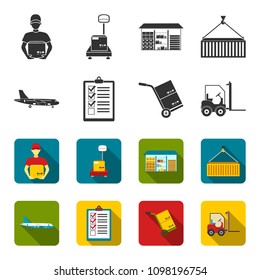Cargo plane, cart for transportation, boxes, forklift, documents.Logistic,set collection icons in black,flet style vector symbol stock illustration web.